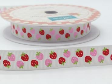 Ripsband ERDBEEREN 16mm rot rosa weiss Riley Blake