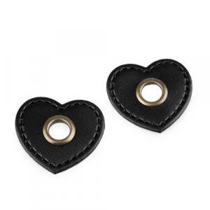Ösen-Patches Kunstleder HERZ 32 x 35 mm schwarz altmessing