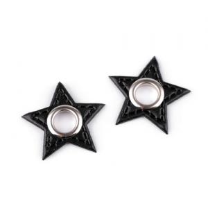 Ösen-Patches Kunstleder STERN 30 mm schwarz silber