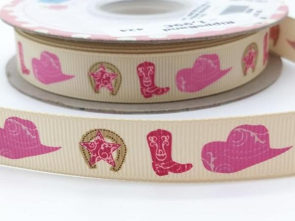Ripsband COWBOY Stiefel Hut 17 mm beige pink Riley Blake